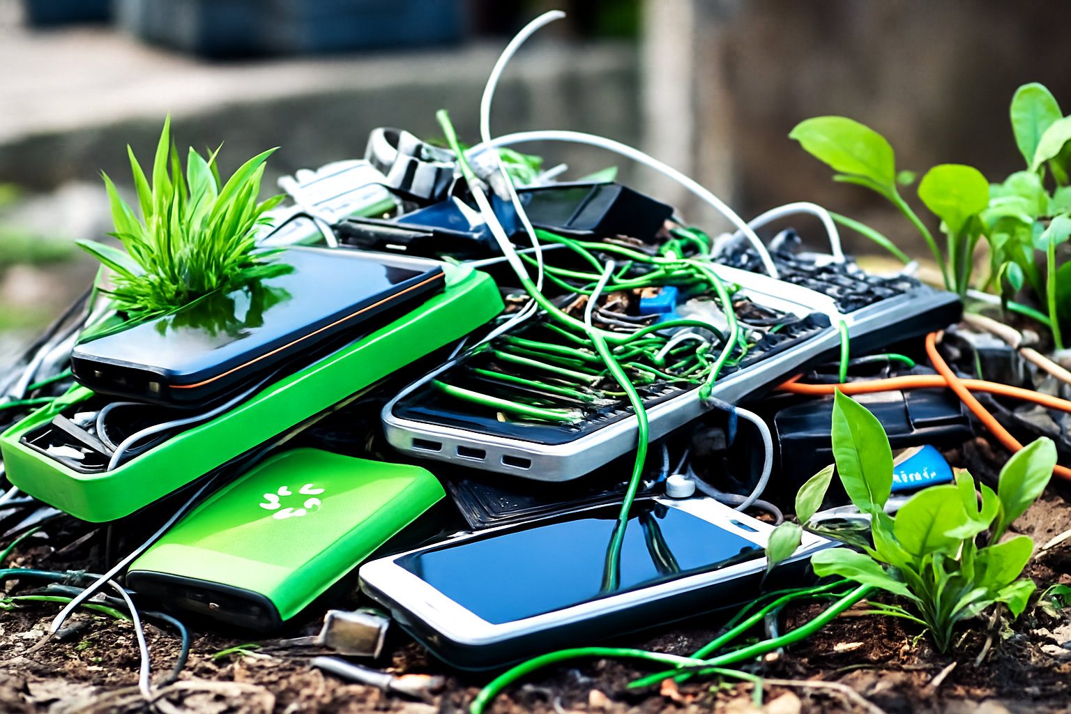 Electronic waste with plants growing through devices
